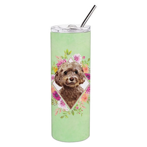 Carolines Treasures 20 oz Chocolate Cockapoo Green Flowers Double Walled Stainless Steel Skinny Tumbler - CK4413TBL20