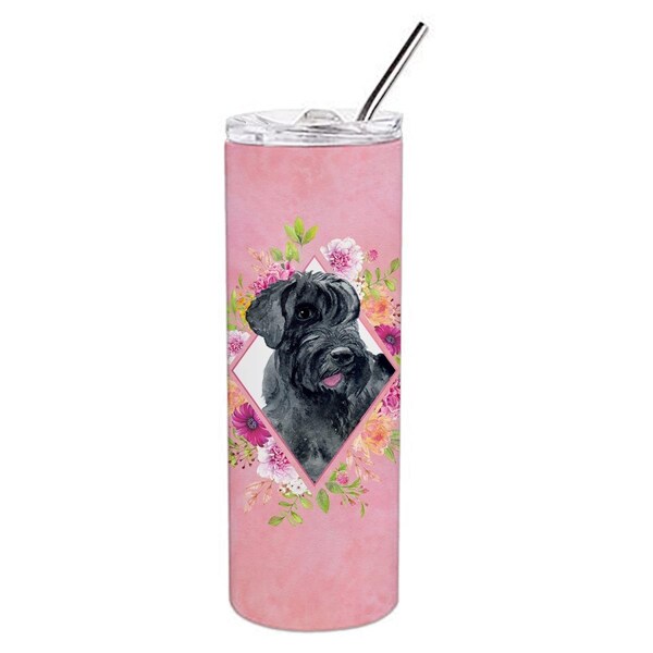 Carolines Treasures 20 oz Giant Schnauzer Pink Flowers Double Walled Stainless Steel Skinny Tumbler - CK4178TBL20