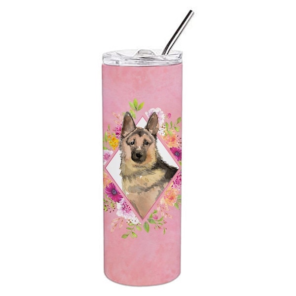 Carolines Treasures 20 oz German Shepherd Pink Flowers Double Walled Stainless Steel Skinny Tumbler - CK4237TBL20