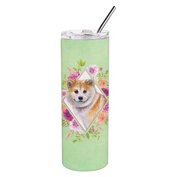 Carolines Treasures 20 oz Shiba Inu Green Flowers Double Walled Stainless Steel Skinny Tumbler - CK4343TBL20