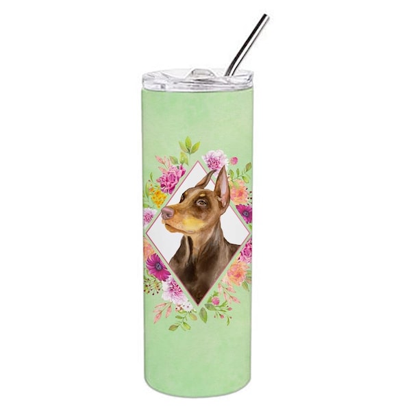Carolines Treasures 20 oz Doberman Pinscher Green Flowers Double Walled Stainless Steel Skinny Tumbler - CK4298TBL20