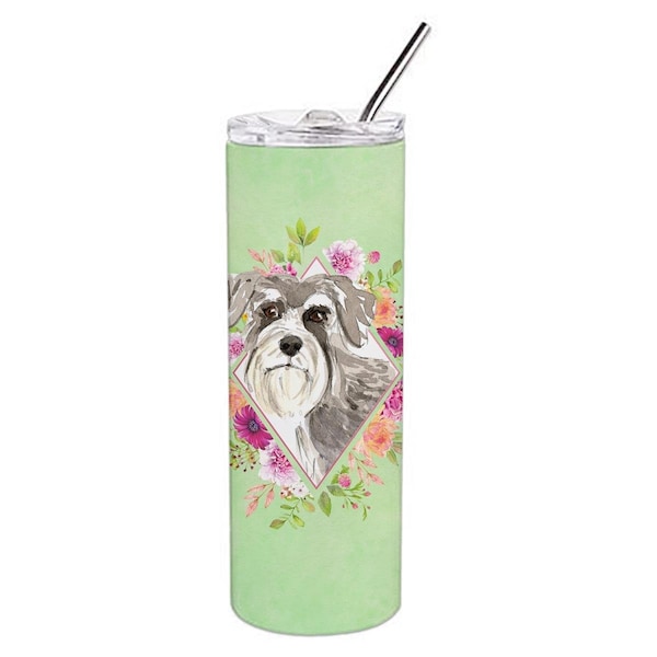 Carolines Treasures 20 oz Schnauzer No.1 Green Flowers Double Walled Stainless Steel Skinny Tumbler - CK4375TBL20