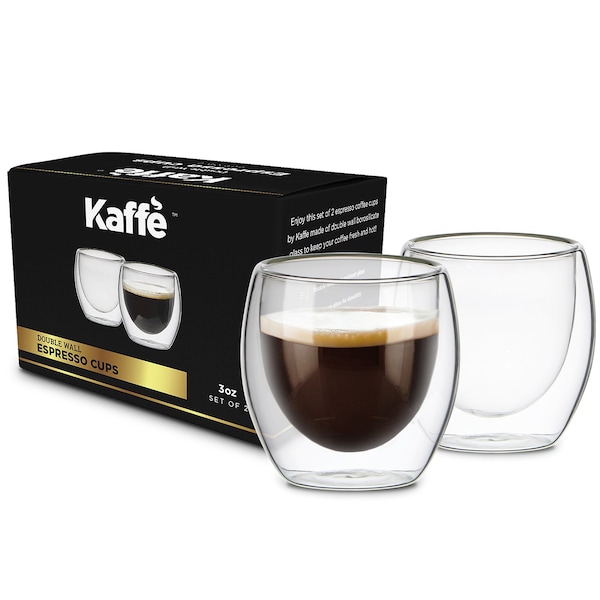Kaffe 3oz Small Espresso Cups. Double-Wall Borosilicate Glass Coffee Cups. Set of 2 (Two) - KF4040