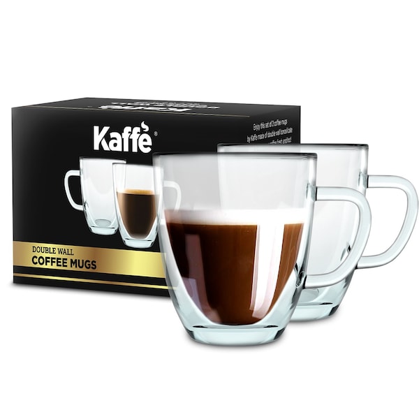 Kaffe 16oz Glass Coffee Mugs. Large Double-Wall Borosilicate Glass Coffee Cups, Set of 2 (Two) - KF4042