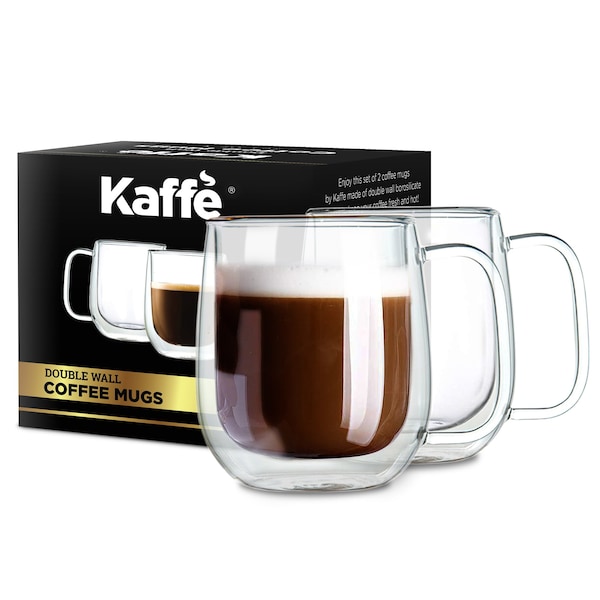 Kaffe 10oz Glass Coffee Mugs. Double-Wall Borosilicate Glass Coffee Cups Set of 2 (Two) - KF4041