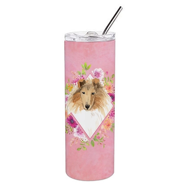 Carolines Treasures 20 oz Collie Pink Flowers Double Walled Stainless Steel Skinny Tumbler - CK4216TBL20