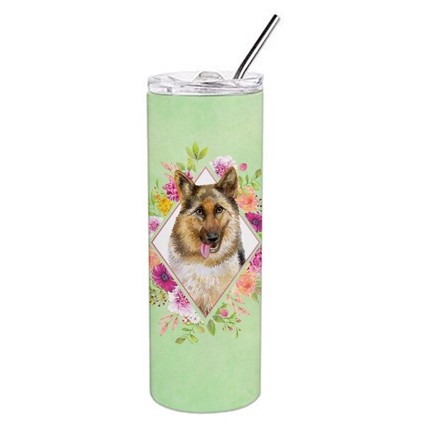 Carolines Treasures 20 oz German Shepherd No.1 Green Flowers Double Walled Stainless Steel Skinny Tumbler - CK4306TBL20
