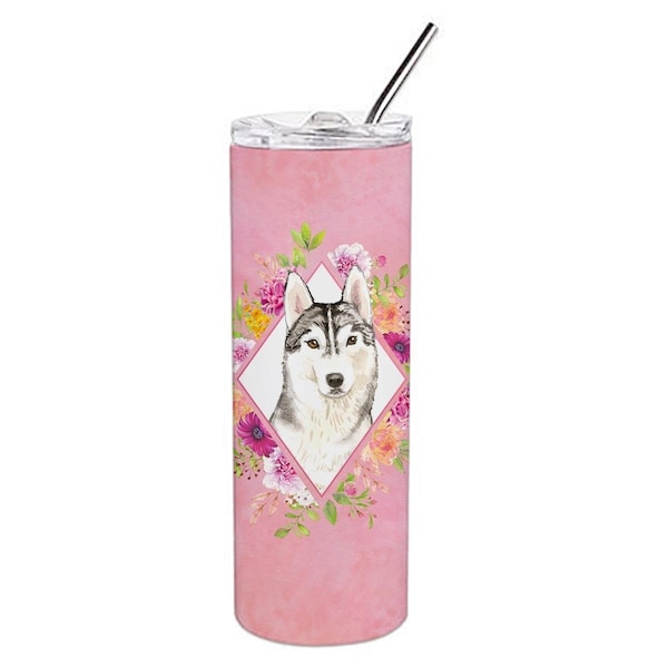 Carolines Treasures 20 oz Siberian Husky Pink Flowers Double Walled Stainless Steel Skinny Tumbler - CK4210TBL20