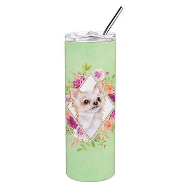 Carolines Treasures 20 oz Long Hair Chihuahua Green Flowers Double Walled Stainless Steel Skinny Tumbler - CK4287TBL20