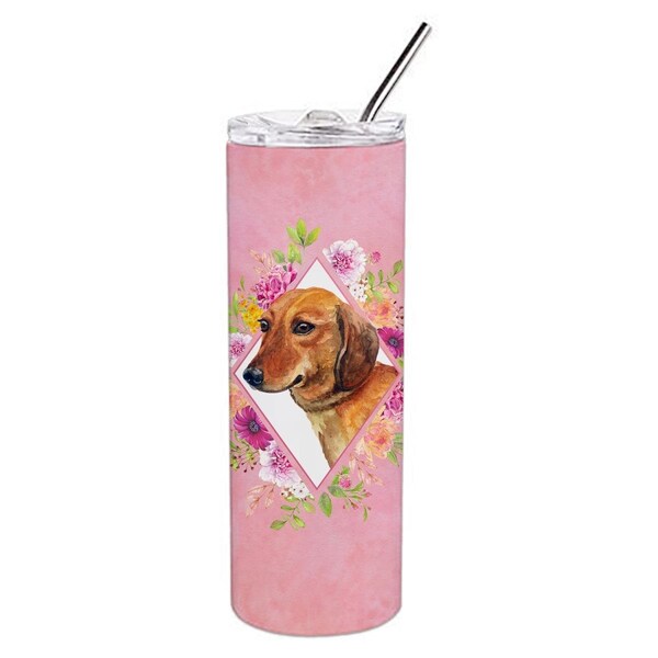 Carolines Treasures 20 oz Dachshund Red No.1 Pink Flowers Double Walled Stainless Steel Skinny Tumbler - CK4134TBL20