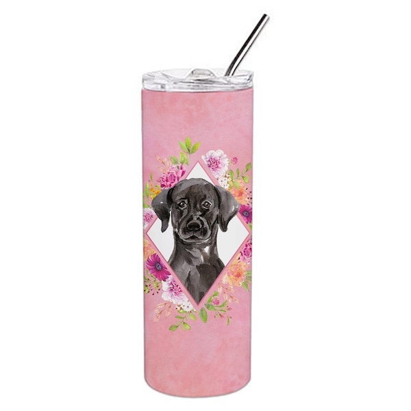 Carolines Treasures 20 oz Black Labrador Pink Flowers Double Walled Stainless Steel Skinny Tumbler - CK4261TBL20