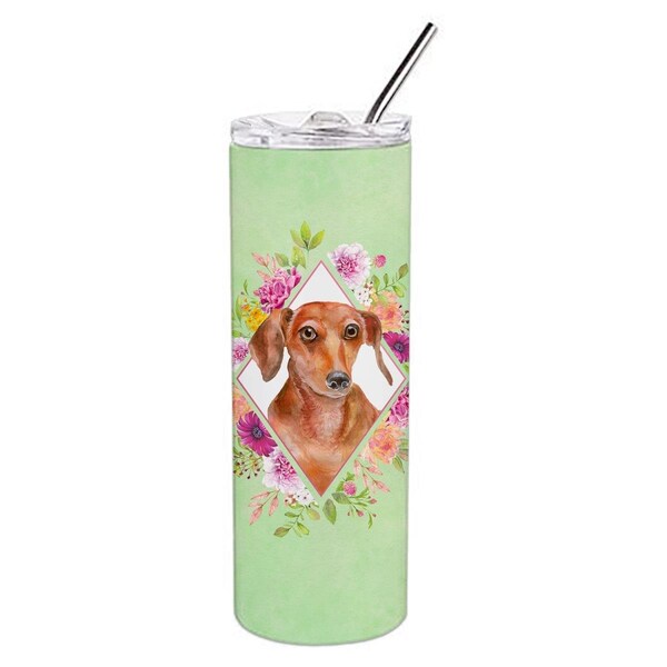 Carolines Treasures 20 oz Dachshund Red No.2 Green Flowers Double Walled Stainless Steel Skinny Tumbler - CK4295TBL20