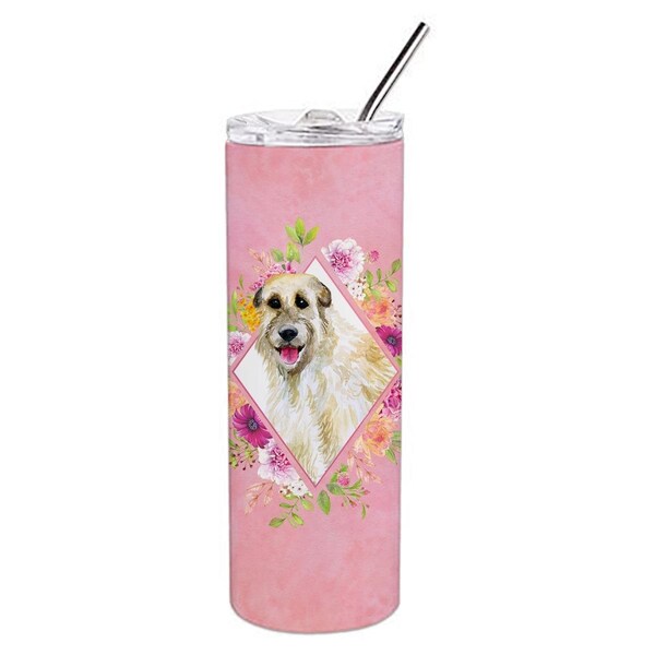 Carolines Treasures 20 oz Irish Wolfhound Pink Flowers Double Walled Stainless Steel Skinny Tumbler - CK4153TBL20