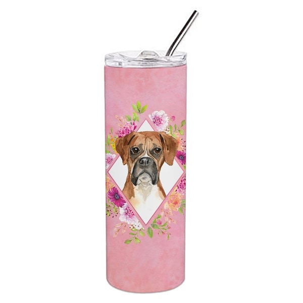 Carolines Treasures 20 oz Boxer Pink Flowers Double Walled Stainless Steel Skinny Tumbler - CK4255TBL20