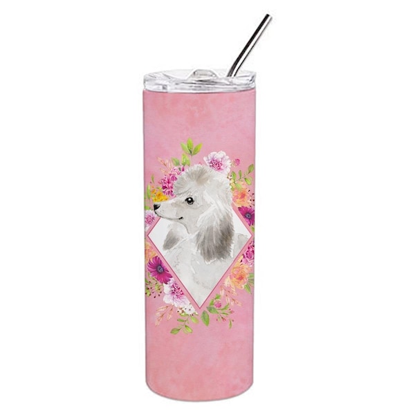 Carolines Treasures 20 oz White Standard Poodle Pink Flowers Double Walled Stainless Steel Skinny Tumbler - CK4200TBL20