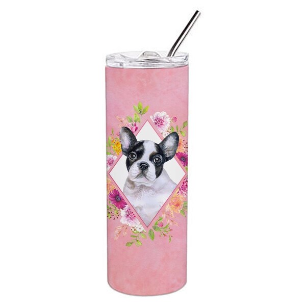 Carolines Treasures 20 oz French Bulldog Pink Flowers Double Walled Stainless Steel Skinny Tumbler - CK4143TBL20