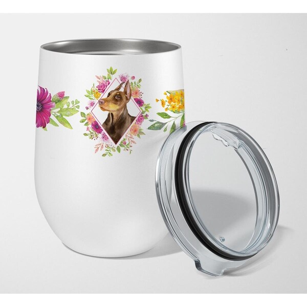 Carolines Treasures 12 oz Doberman Pinscher Pink Flowers Stainless Steel Stemless Wine Glass - CK4138TBL12