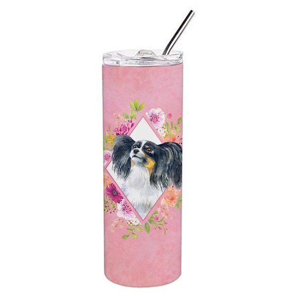 Carolines Treasures 20 oz Papillon Pink Flowers Double Walled Stainless Steel Skinny Tumbler - CK4165TBL20