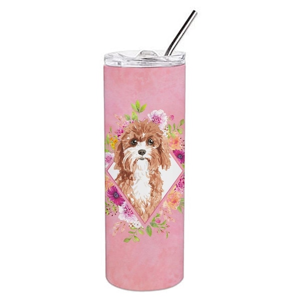 Carolines Treasures 20 oz Cavapoo Pink Flowers Double Walled Stainless Steel Skinny Tumbler - CK4247TBL20