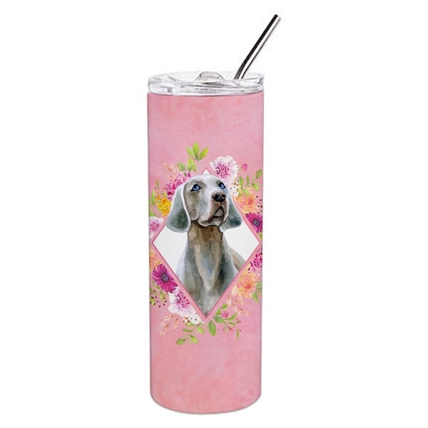 Carolines Treasures 20 oz Weimaraner Pink Flowers Double Walled Stainless Steel Skinny Tumbler - CK4191TBL20