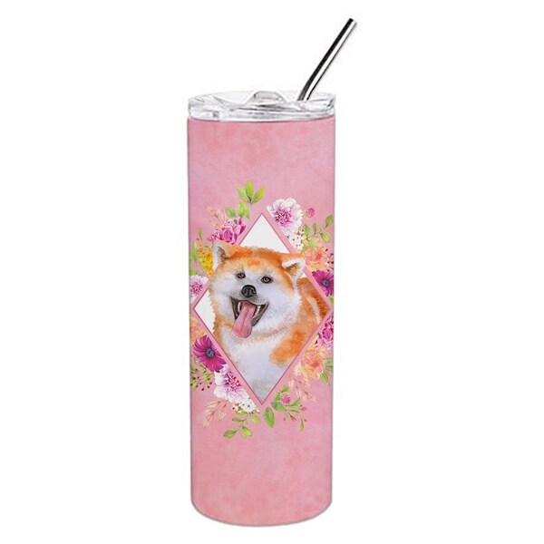 Carolines Treasures 20 oz Akita Pink Flowers Double Walled Stainless Steel Skinny Tumbler - CK4111TBL20