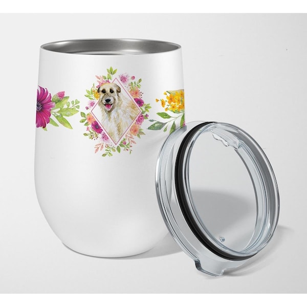 Carolines Treasures 12 oz Irish Wolfhound Pink Flowers Stainless Steel Stemless Wine Glass - CK4153TBL12