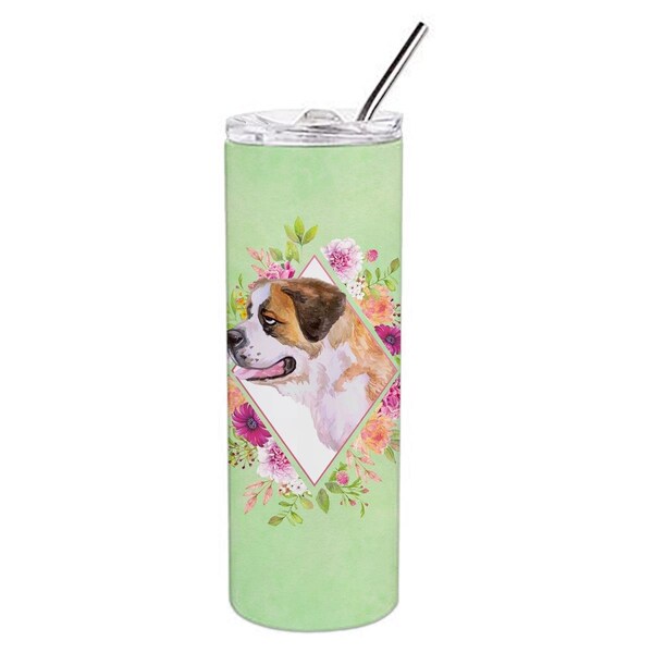 Carolines Treasures 20 oz Saint Bernard No.1 Green Flowers Double Walled Stainless Steel Skinny Tumbler - CK4346TBL20