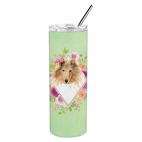 Carolines Treasures 20 oz Collie Green Flowers Double Walled Stainless Steel Skinny Tumbler - CK4376TBL20