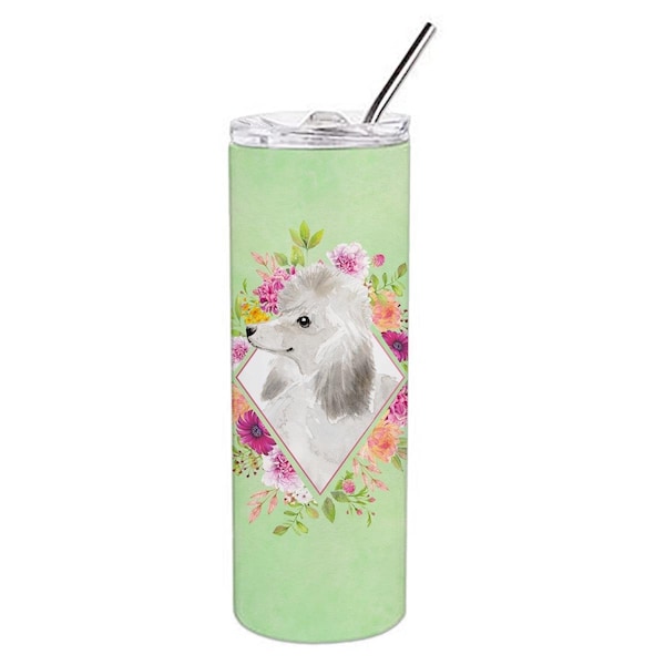 Carolines Treasures 20 oz White Standard Poodle Green Flowers Double Walled Stainless Steel Skinny Tumbler - CK4360TBL20