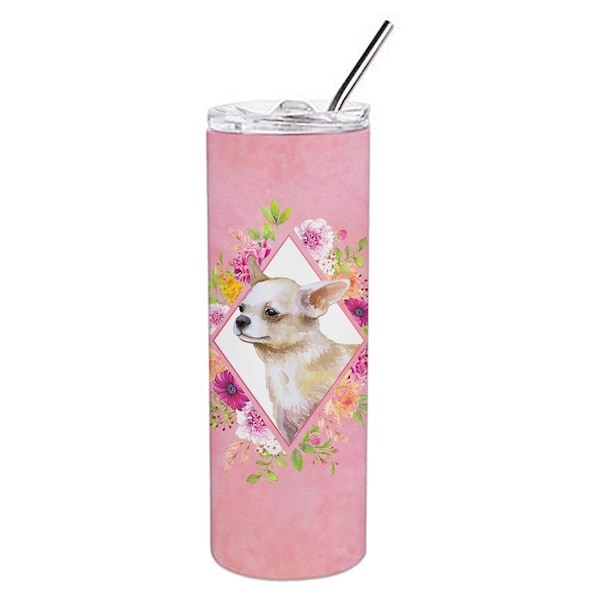 Carolines Treasures 20 oz Chihuahua No.2 Pink Flowers Double Walled Stainless Steel Skinny Tumbler - CK4129TBL20