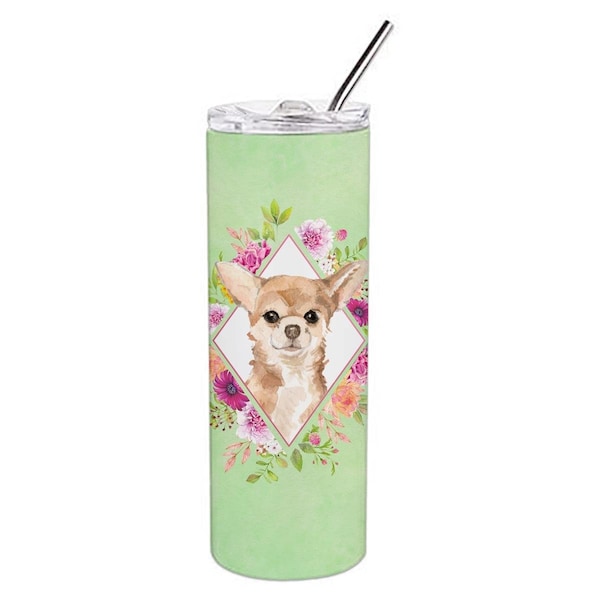 Carolines Treasures 20 oz Chihuahua Green Flowers Double Walled Stainless Steel Skinny Tumbler - CK4405TBL20