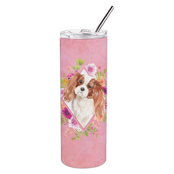 Carolines Treasures 20 oz Blenheim Cavalier Spaniel Pink Flowers Double Walled Stainless Steel Skinny Tumbler - CK4248TBL20