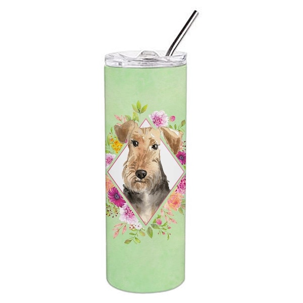 Carolines Treasures 20 oz Airedale Terrier Green Flowers Double Walled Stainless Steel Skinny Tumbler - CK4364TBL20