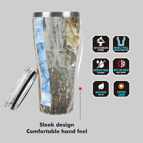 Prime-Line Tumbler, 18/8 Stainless Steel Construction, Holds 30 oz./887 ml., Camo with Clear Plastic Lid - DT65303