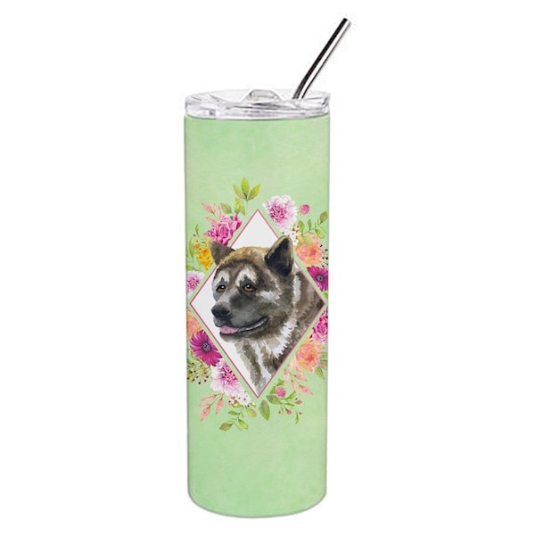 Carolines Treasures 20 oz Akita Green Flowers Double Walled Stainless Steel Skinny Tumbler - CK4273TBL20