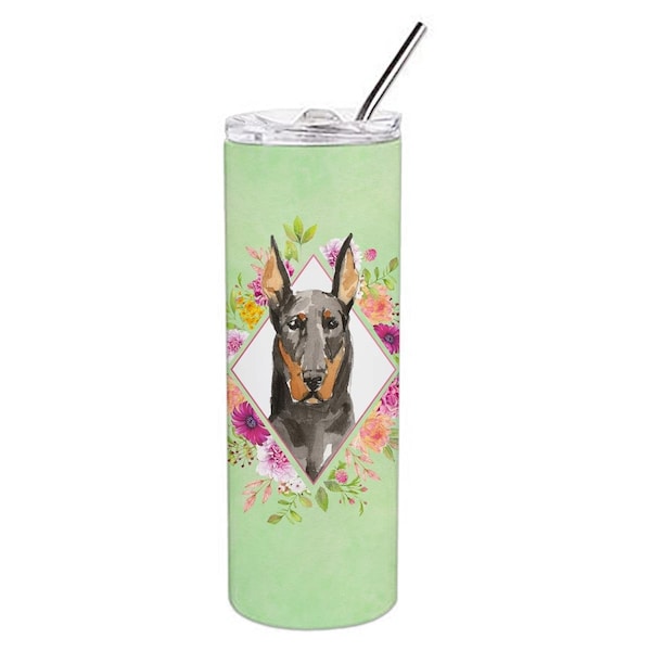 Carolines Treasures 20 oz Doberman Pinsher Green Flowers Double Walled Stainless Steel Skinny Tumbler - CK4401TBL20