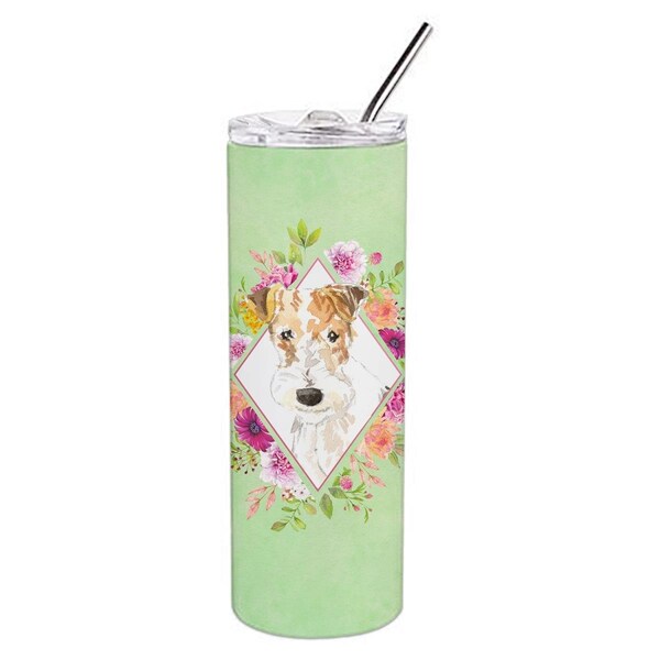 Carolines Treasures 20 oz Fox Terrier Green Flowers Double Walled Stainless Steel Skinny Tumbler - CK4359TBL20