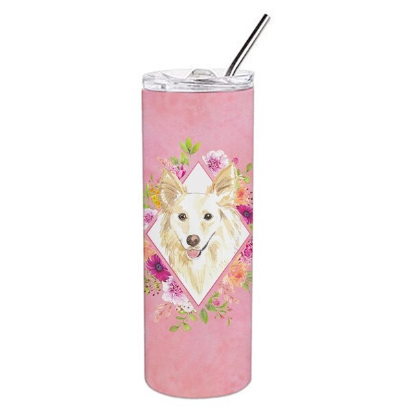 Carolines Treasures 20 oz White Collie Pink Flowers Double Walled Stainless Steel Skinny Tumbler - CK4201TBL20