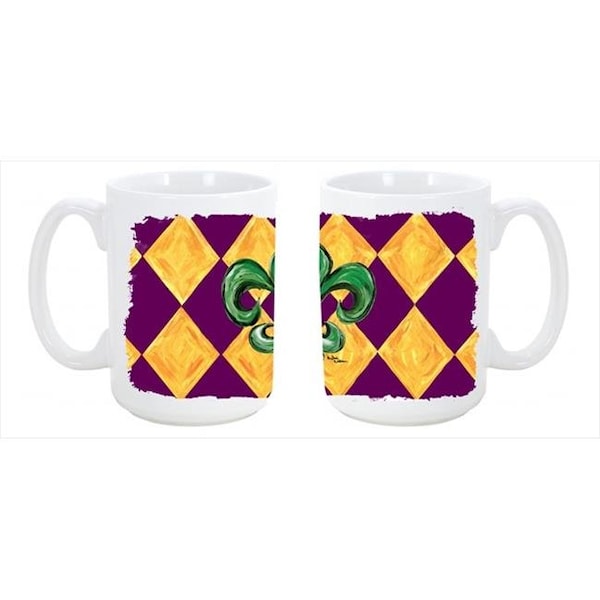 Carolines Treasures Carolines Treasures 8133CM15 Mardi Gras Fleur de lis Purple Green and Gold Dishwasher Safe Microwavable Ceramic Coffee Mug 15 oz. - 8133CM15