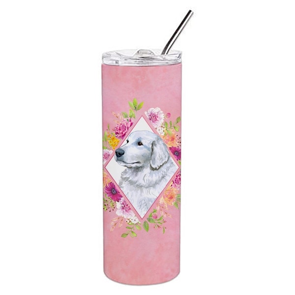 Carolines Treasures 20 oz Great Pyrenees Pink Flowers Double Walled Stainless Steel Skinny Tumbler - CK4160TBL20