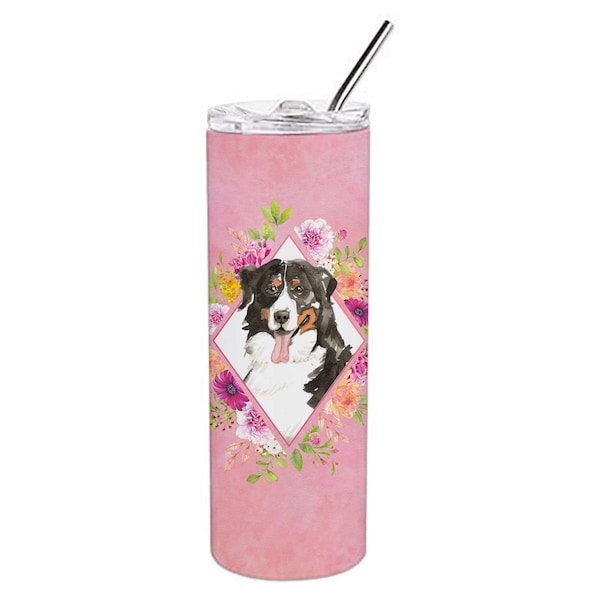 Carolines Treasures 20 oz Bernese Mountain Dog Pink Flowers Double Walled Stainless Steel Skinny Tumbler - CK4264TBL20