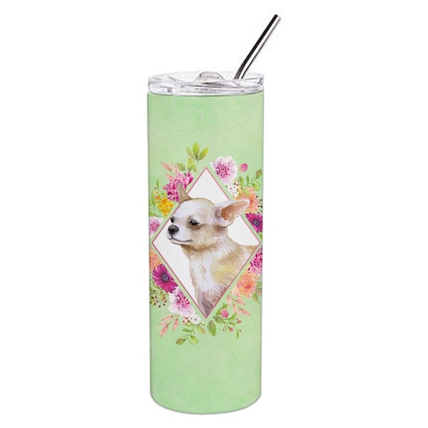 Carolines Treasures 20 oz Chihuahua No.2 Green Flowers Double Walled Stainless Steel Skinny Tumbler - CK4289TBL20