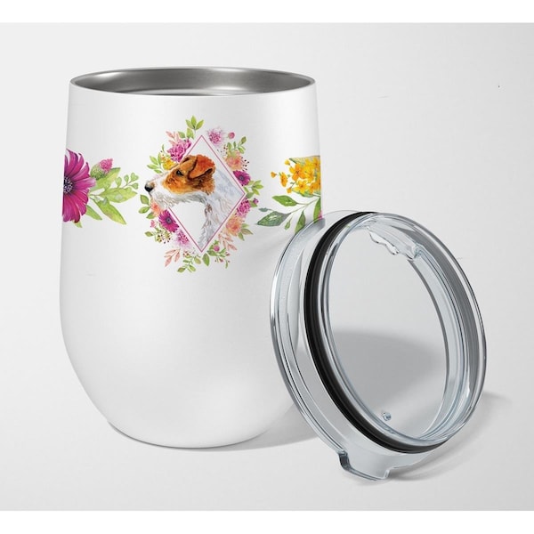 Carolines Treasures 12 oz Jack Russell Terrier No.2 Pink Flowers Stainless Steel Stemless Wine Glass - CK4142TBL12