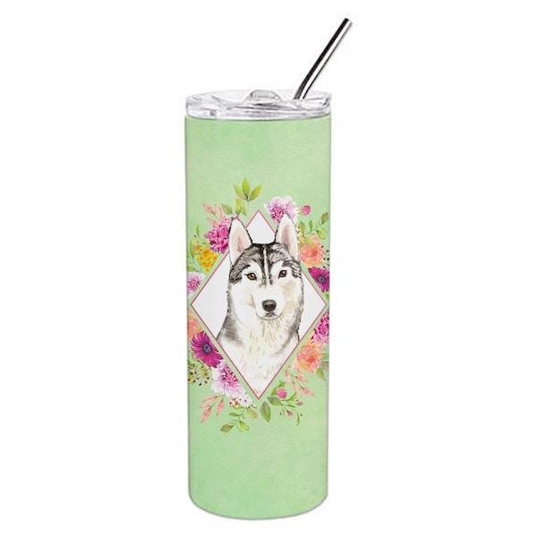 Carolines Treasures 20 oz Siberian Husky Green Flowers Double Walled Stainless Steel Skinny Tumbler - CK4370TBL20