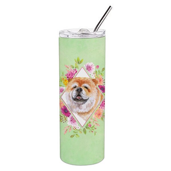 Carolines Treasures 20 oz Chow Chow No.2 Green Flowers Double Walled Stainless Steel Skinny Tumbler - CK4292TBL20