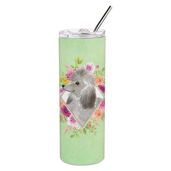 Carolines Treasures 20 oz Grey Standard Poodle Green Flowers Double Walled Stainless Steel Skinny Tumbler - CK4393TBL20
