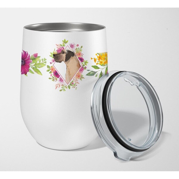 Carolines Treasures 12 oz Fawn Great Dane Pink Flowers Stainless Steel Stemless Wine Glass - CK4234TBL12