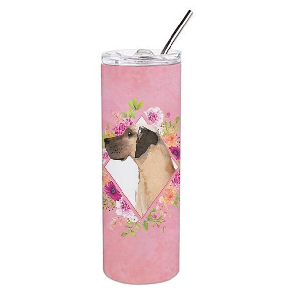 Carolines Treasures 20 oz Fawn Great Dane Pink Flowers Double Walled Stainless Steel Skinny Tumbler - CK4234TBL20