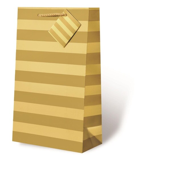 Wrap-Art 2-Bottle Gold Foil Stripe Printed paper Bag with Plastic Rope Handle - 17613