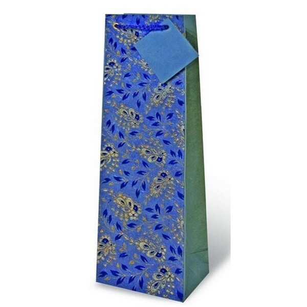 Wrap-Art Pasley Floral Wine Bottle Gift Bag Blue &amp; Gold - 17166